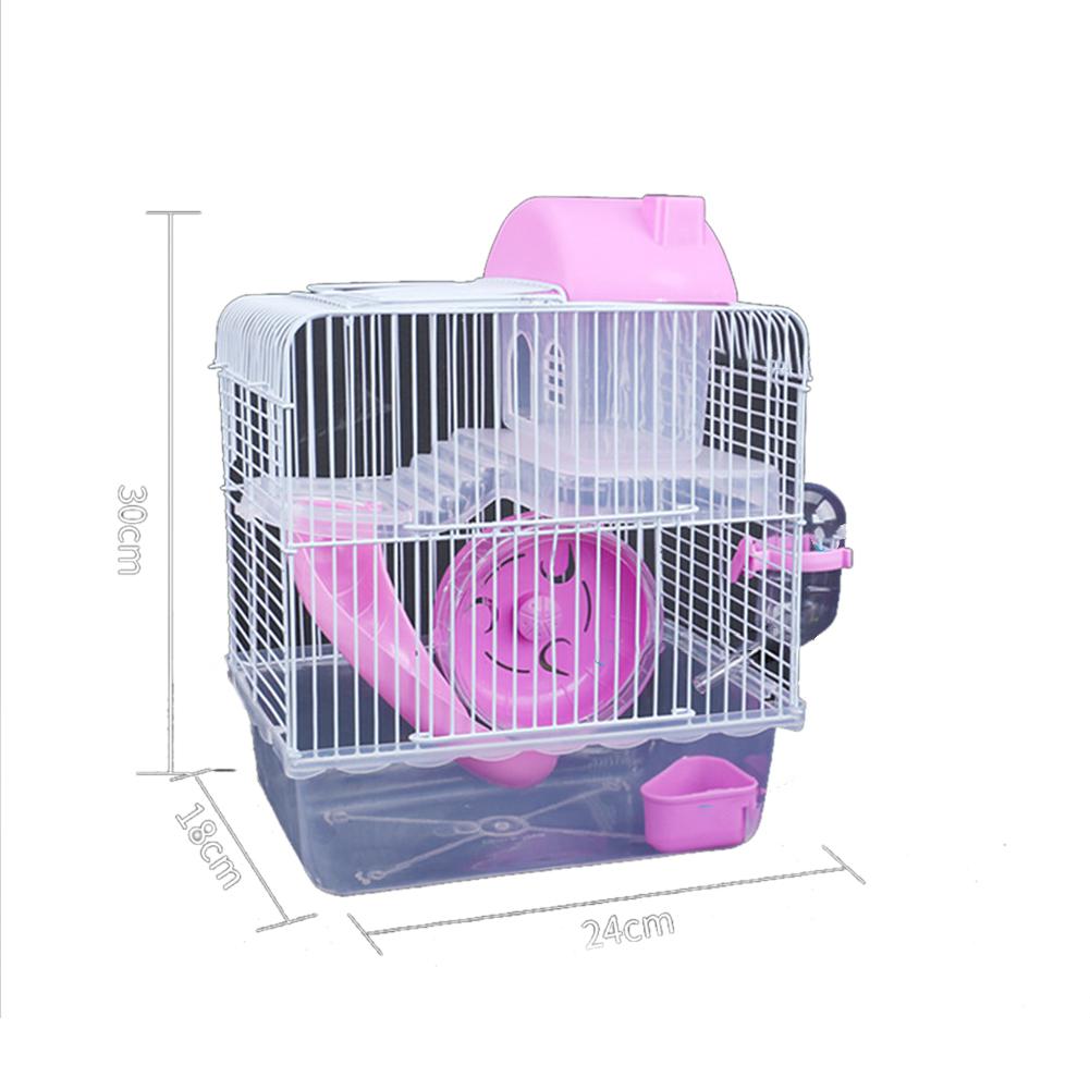 Double Layer Villa Shape Iron Wire Cage with Feeding Bowl Running Wheel Slide Toy for Pet Hamster 23 * 17 * 28 Cm: Pink