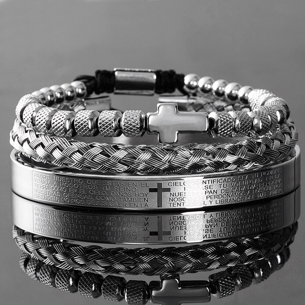 Luksus sæt rustfrit stål perler armbånd cross hip hop mænd smykker charme åben bragle udskæring spanske skrifter dropshiping: Sølv sæt