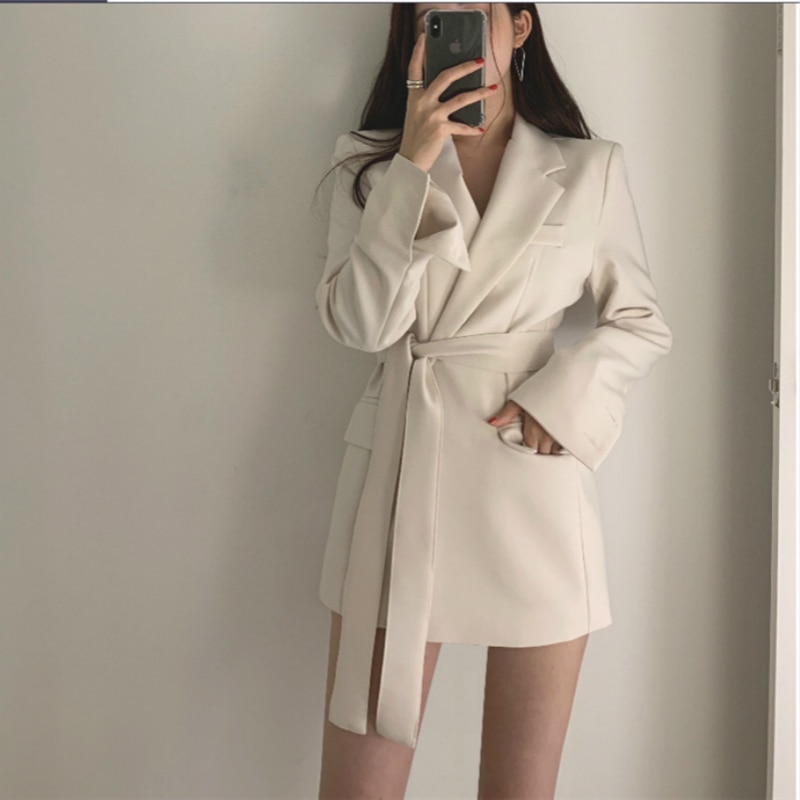 Blazer taille haute avec ceinture pour femme, vêtement d'extérieur, coupe cintrée, noir et Beige, à manches longues, pour le travail et le bureau, collection automne
