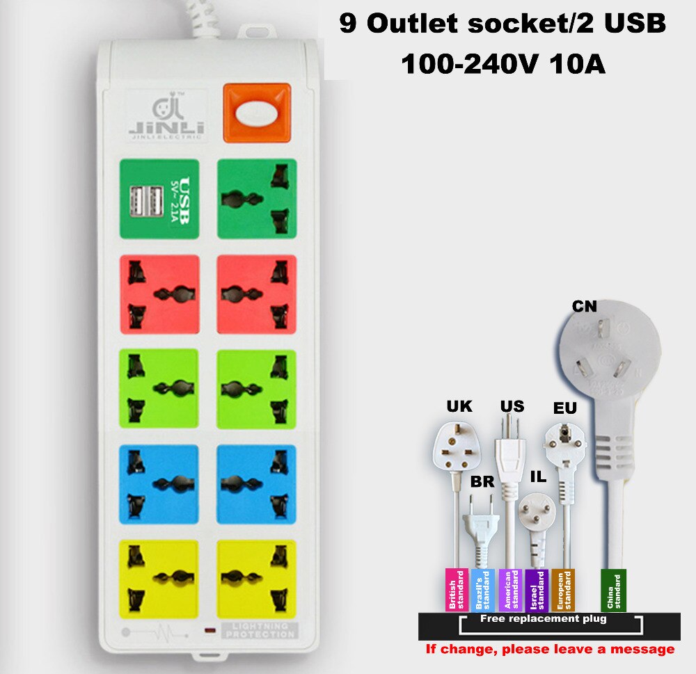 AU EU US 100~240v 10A Surge Protected 9 Outlet & 2 USB electric switch and socket