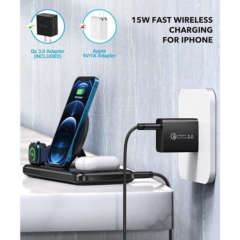 Aikulli Draadloze Oplader 3 In 1 Snelle Wireless Charging Stand Voor Iphone 12 11 Xr Xs X 8 Apple Horloge 6 5 4 3 2 Airpods Pro Lading