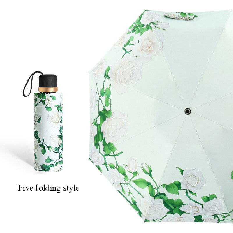 Paraguas plegables elegantes con flores para mujer, Parasol anti UV con revestimiento negro, paraguas para mujer, equipo de lluvia de viaje para chica, paraplaie compacto: 5 fold 8 ribs B
