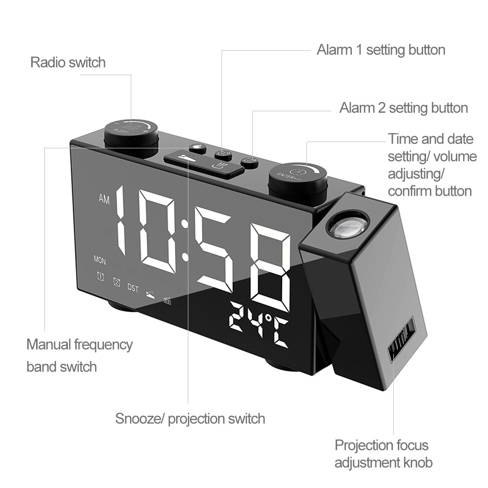Digital Alarm Clock Dual Alarm Clock With Snooze Function LED Projector With FM Projection Radio USBb/Battery Powered