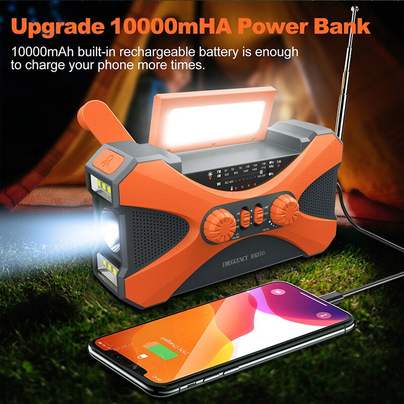 Super Large Battery Emergency Radio With Solar Hand Crank 10000mAh For Mobile Devices,SOS Alarm AM/FM/NOAA Radio LED Flashlight