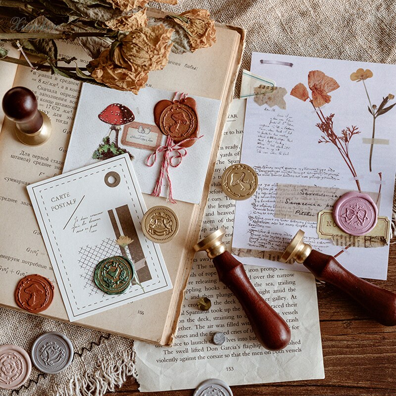 Messing hoved voksstempler retro plante dyr plombering voks stempel bryllup invitation træhåndtag stempler julekort vokssæl stempel