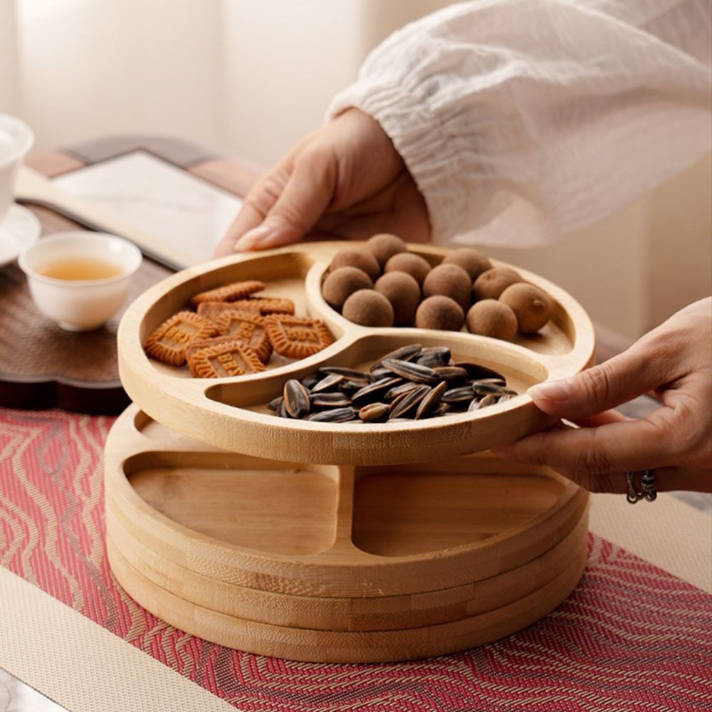 Round Wooden Divided Fruit Tray Nut Platter Handcrafted Snacks Server Dish Wooden Multi-cell Fruit Snack Plate