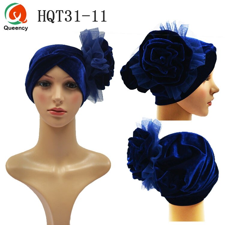 HQT31 Turban Nigeria cravate dames velours Tuban Gele casque musulman arabe Bonnet fleur chapeau pour mariage et fête: navy blue