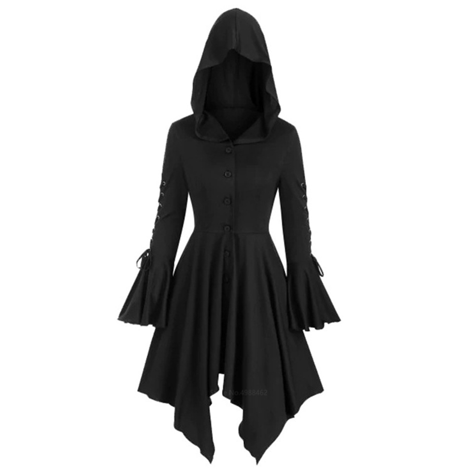 Colore cosplayer con cappuccio abito medievale donna Halloween costume cosplay abito da strega gotico abito a maniche lunghe abito da vampiro: M / nero