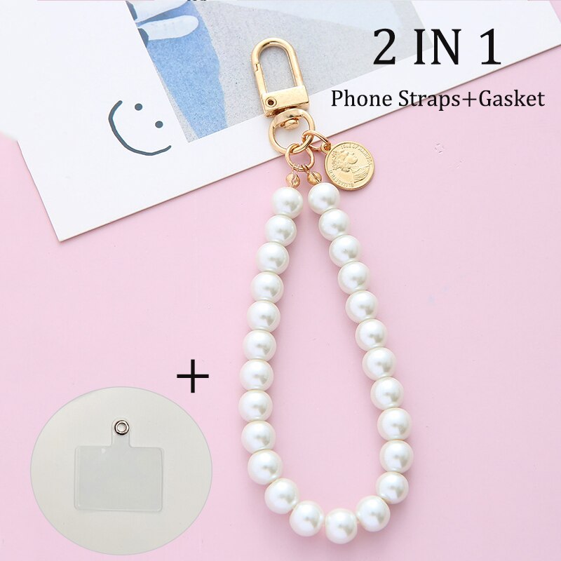 Phone Lanyard Detachable Cord Pearl Lanyard Strap For Mobile Phone Accessories With Sticker Universal Cell Phone Bracelet Strap: Round Card Pearl