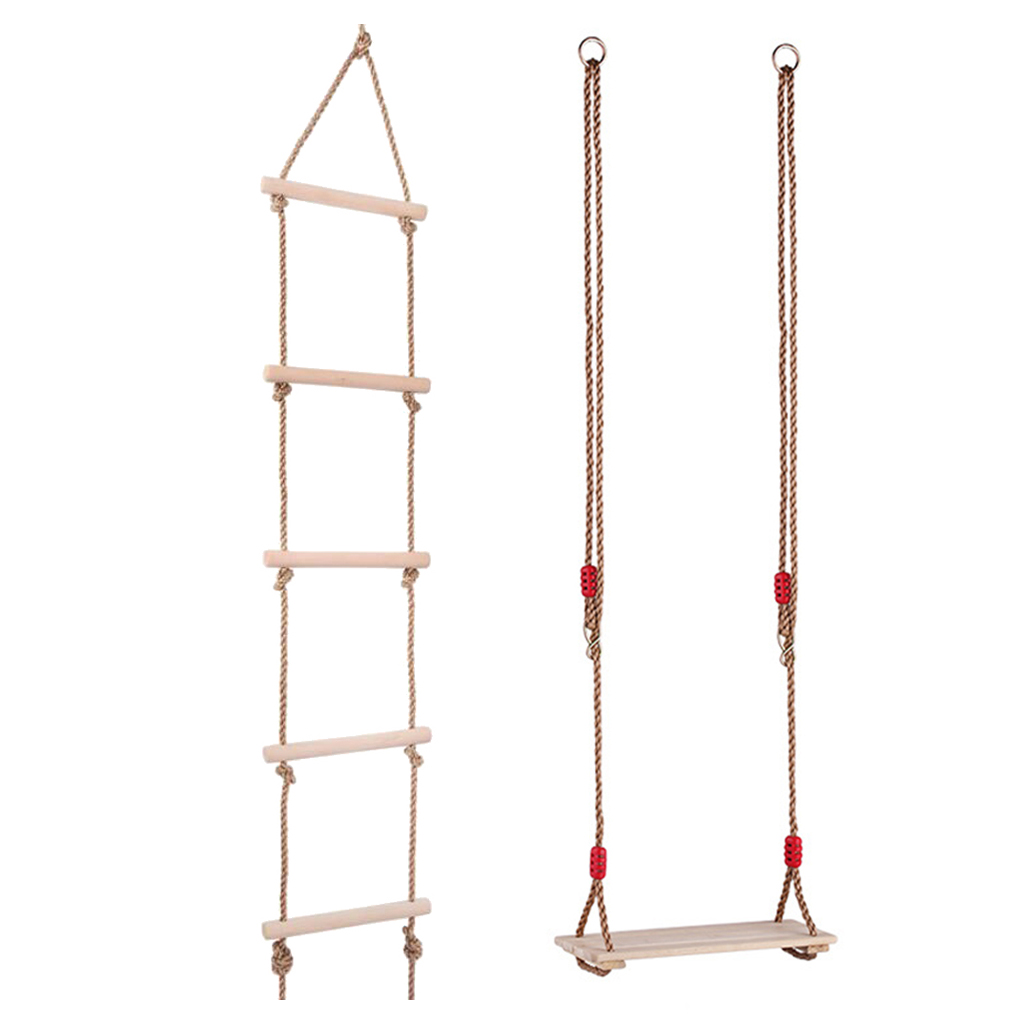 2 Stuks Houten 5 Rungs Touw Klimmen Ladder + Schommel Stoel, Voor Tree House Klimmen Touw, achtertuin Speeltuin Gymnastiek Speelgoed