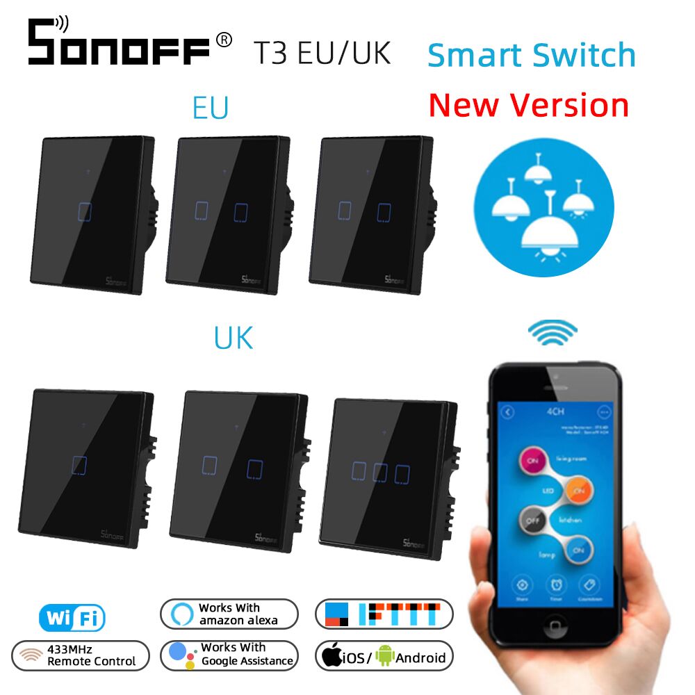 SONOFF T3 Wifi RF Draadloze 433mhz Afstandsbediening Muur Touch Switch Light Panel Socket EU/UK 1/ 2/3 Gang Ondersteuning Google Home Alexa