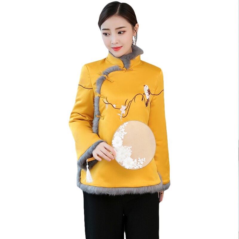 Chinese Year Clothes For Women Long Sleeve Winter Fleece Warm Thick Yellow Chinese Cheongsam Tops For Women FF2476