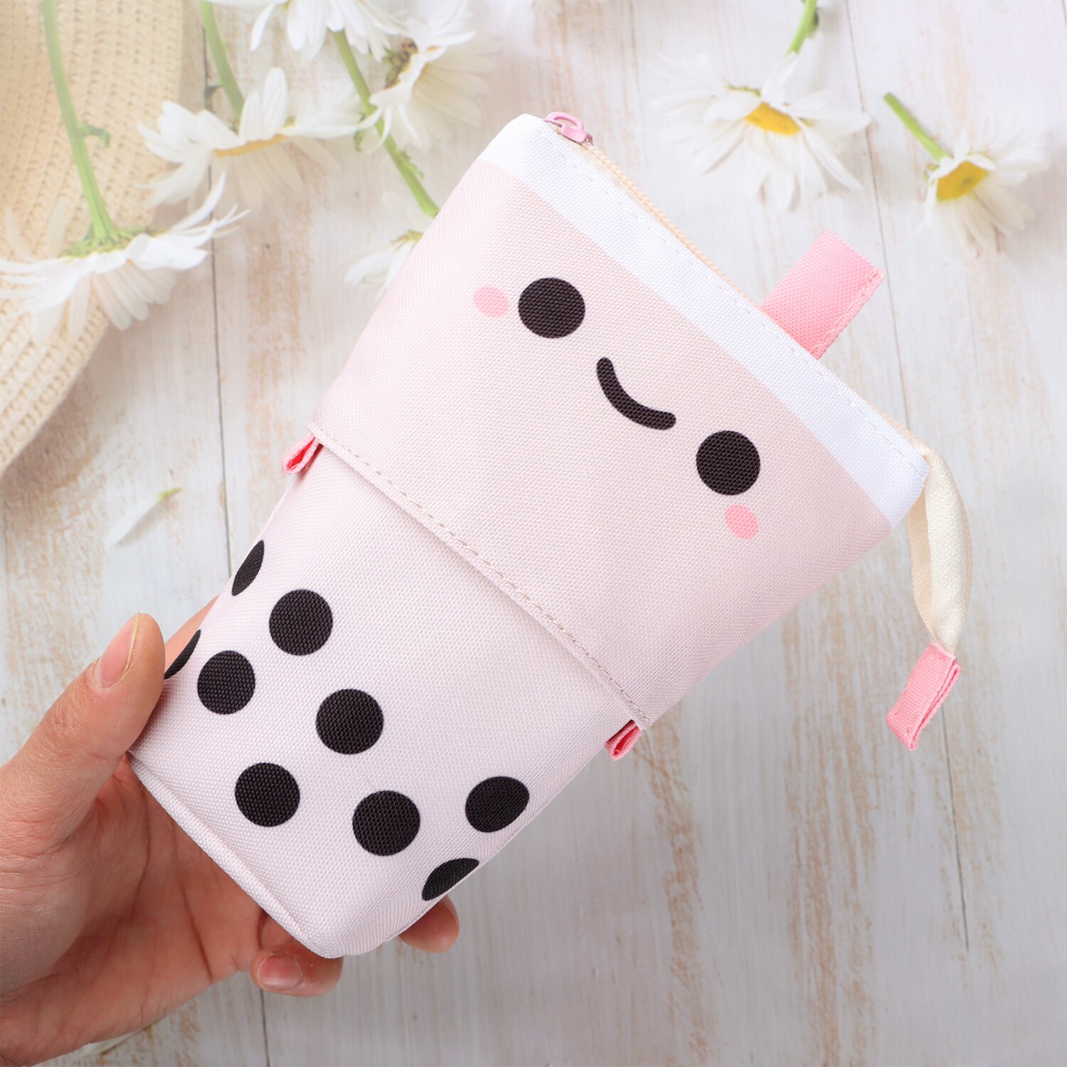 Leuke Boba Milktea Potlood Bagtelescopic Pen Houder Stand Up Etui Kawaii Cosmetica Zakje Make-Up Tas Briefpapier Organizer