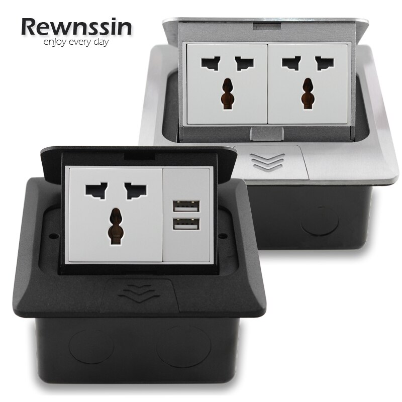 Universal Socket With USB Charging Port Fast Pop-Up Floor Outlet 2 Way Power Adapter Aluminum Alloy Material Office 16A Black