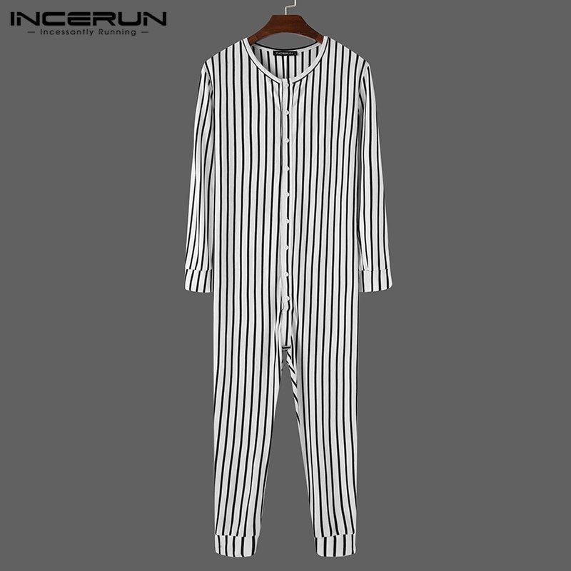 Incerun Mannen Gestreepte Pyjama Jumpsuits Lange Mouwen Button Up Leisure Homewear Rompertjes Cozy O Hals Heren Nachtkleding Overalls S-5XL