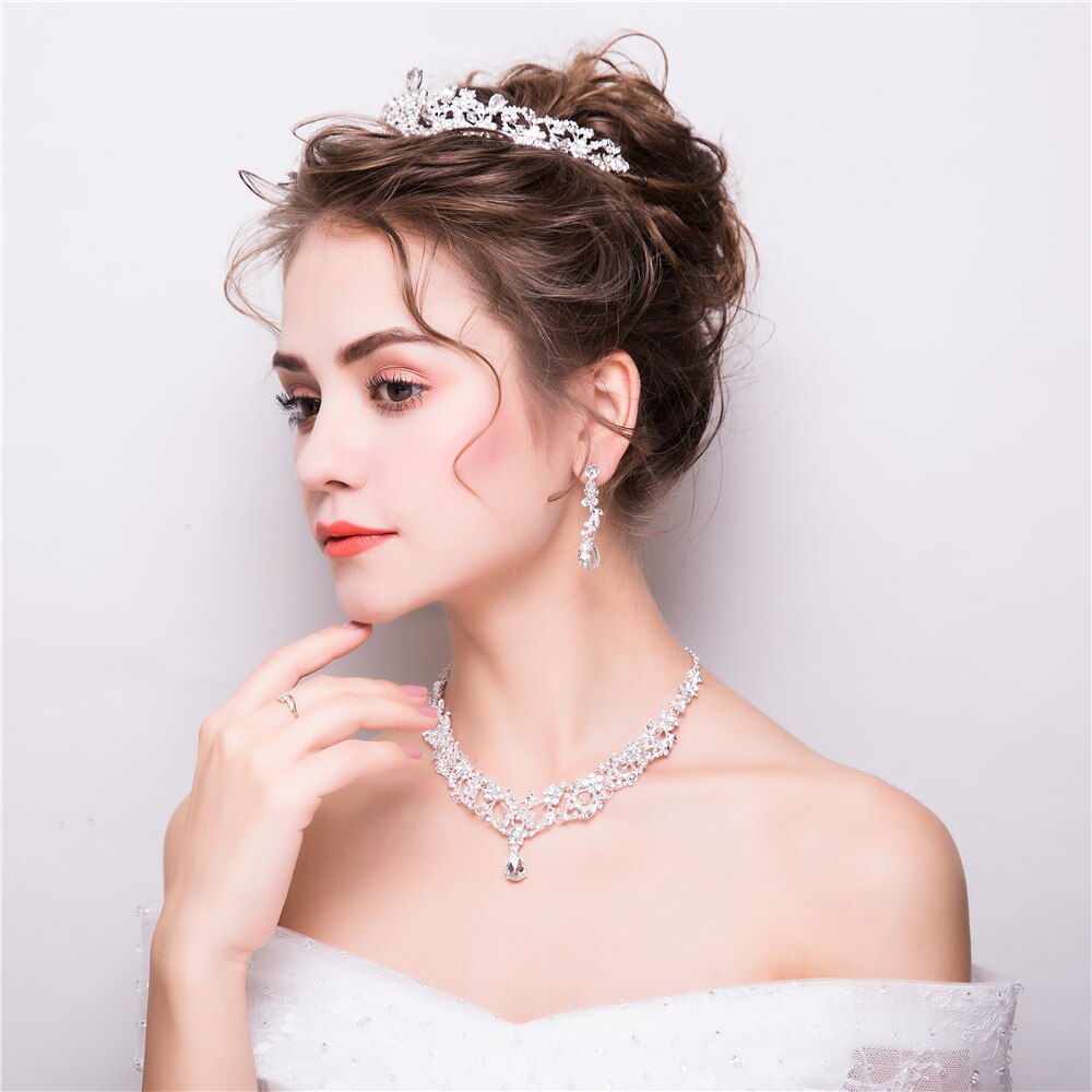 Koreanisch Strass Schmuck setzt Prinzessin Hochzeit Braut Halskette Anhänger Frauen Party Tiara Krone mit Baumeln Ohrringe Neue