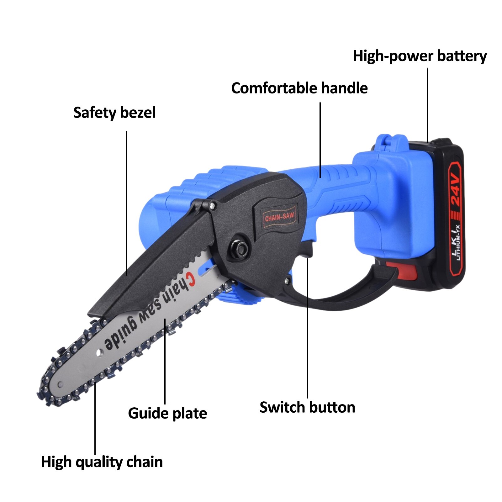 Mini tronçonneuse à main de 6 pouces, scie à chaîne électrique sans fil avec couvercle de protection et plaque de guidage étendue pour couper les Branches