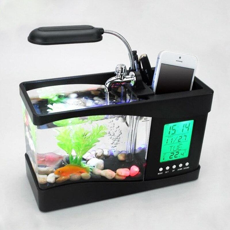 1PCDC 5V USB Schreibtisch Mini Aquarium Aquarium LCD Timer Uhr LED Lampe Licht Schwarz Farbe 24*10*14cm: Schwarz