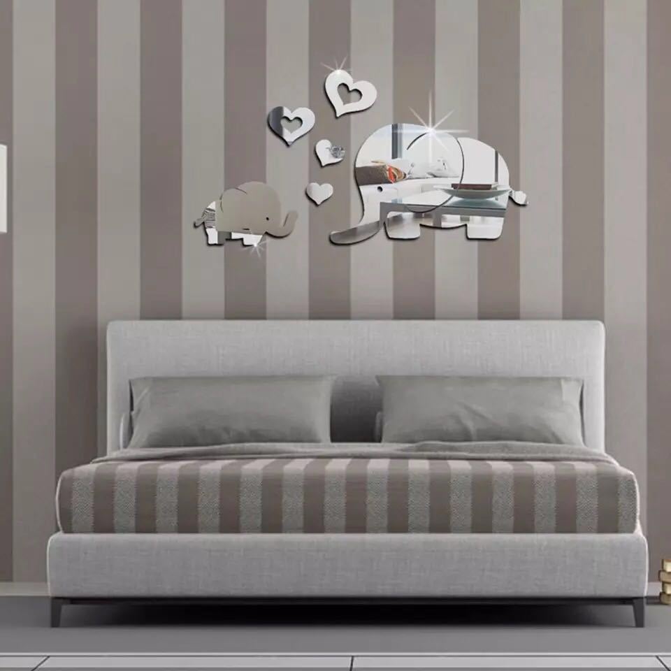 12 tommer elefant familie spejl klistermærke, tegneserie dekoration klistermærke til børneværelse, væg spejl, kærlig boligindretning, dekorativt spejl: Sølv