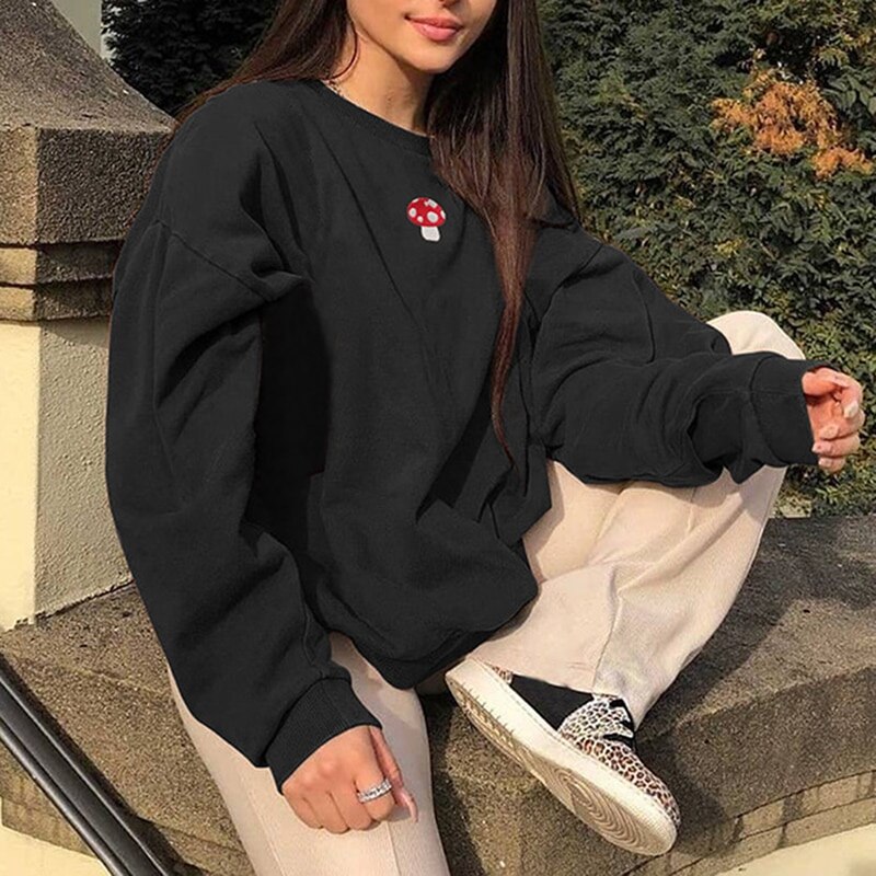 Sweatshirts Streetwear Mode Borduren Paddestoel Indie Esthetische 90S Lange Mouw Truien Grafische Crewneck Kleding: S / black