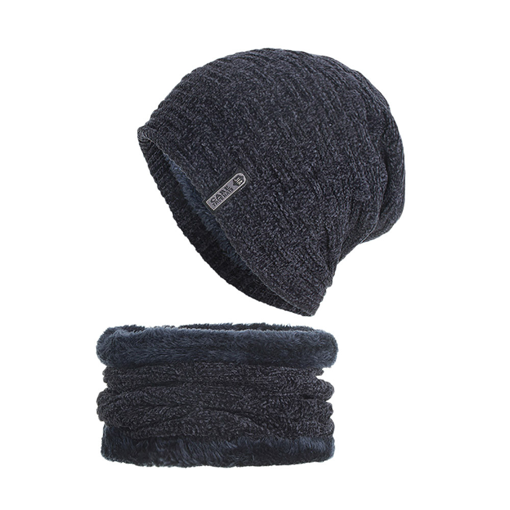 2 pièces Homme Chapeau Écharpe Ensemble tricotin czapka je komin шапка с шарфом Hiver Bonnet En Tricot Cache-oreilles Plus Velours Épais Foulard Chapeau # E