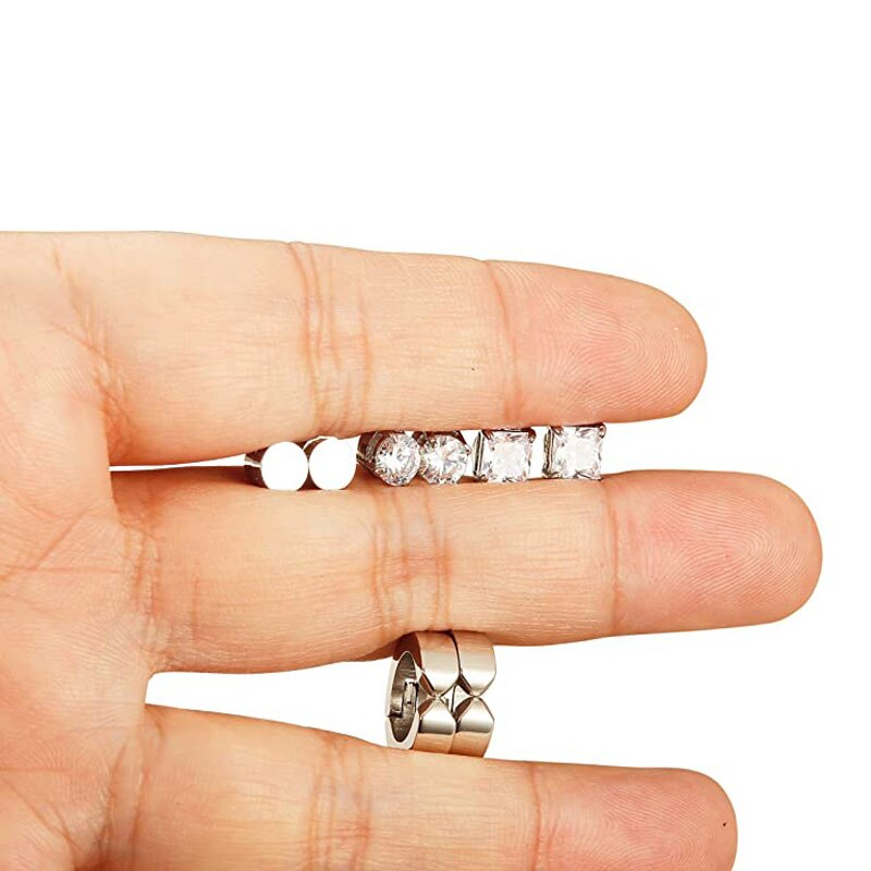 Juego de 4 pares de pendientes de acero inoxidable para hombre y mujer, tachuelas magnéticas sin perforación, CZ, Color acero de 6MM