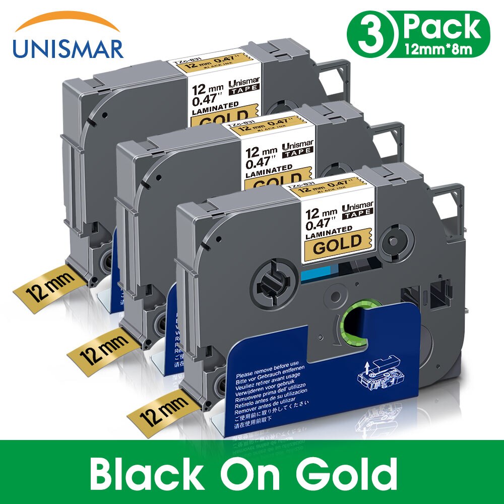 Unismar 3PK Black on White TZe-231 TZe231 Laminated Label Tape 12mm Printer Ribbon for Brother P-touch PT-1000 Label Maker: Black on Gold
