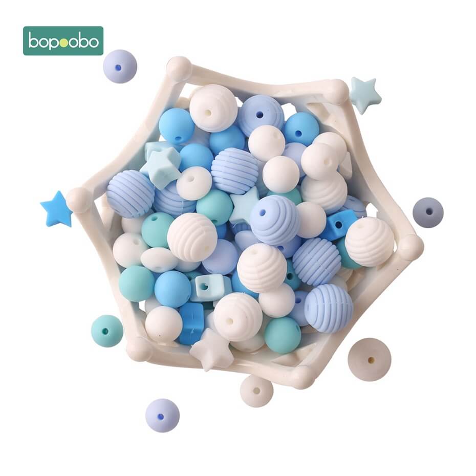 Bopoobo-accessoire de dentition en Silicone | Perles pour bébé, sans BPA, jouet mordre, bonne , bricolage, fabrication de collier, 100 pièces: Blue Beads