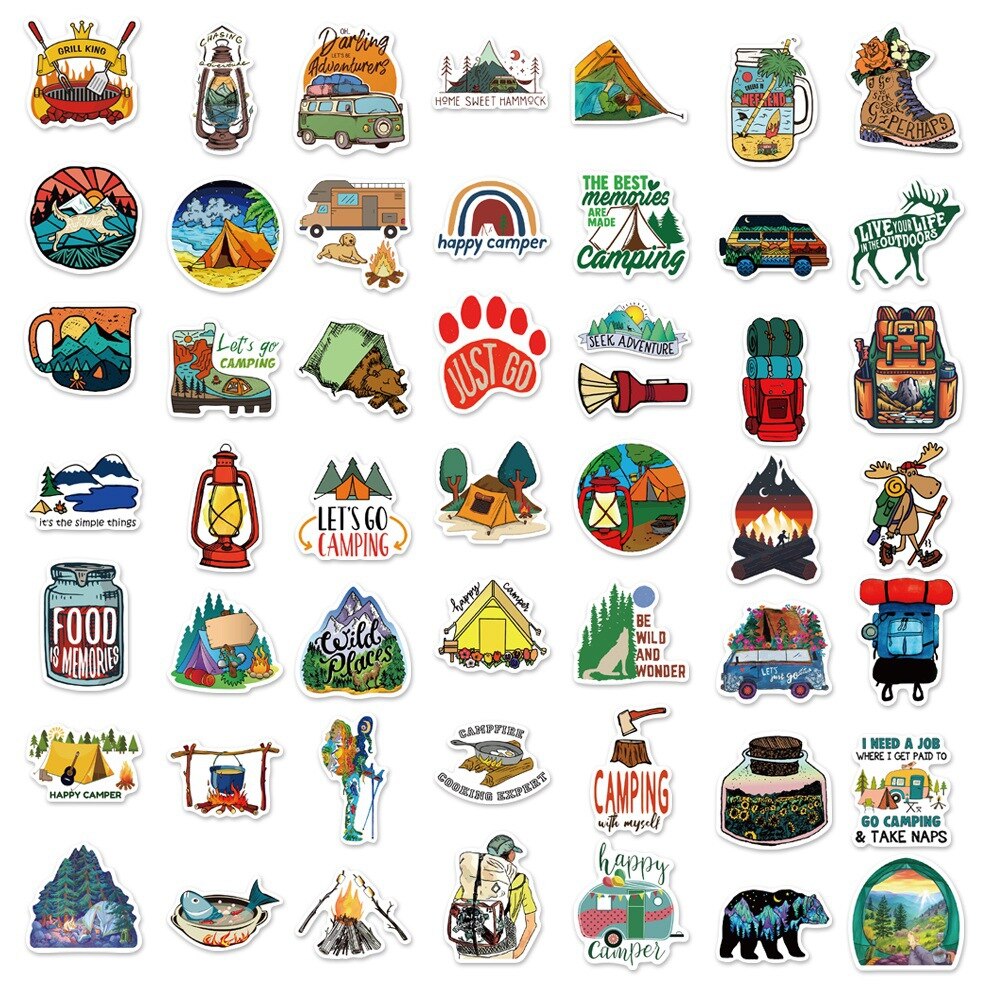 10/20/50pcs Camping Stickers Outdoor Adventure Nature Hiking Aesthetic Vinyl Backpack Bottle Phone Case DIY Waterproof Decals