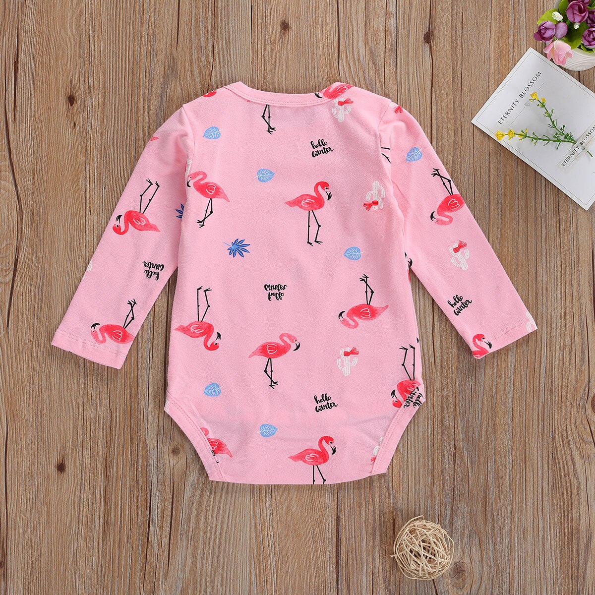 Spædbarn baby piger flamingo print romper småbørn langærmet rund hals tegneserie jumpsuit afslappet forår efterår legedragt
