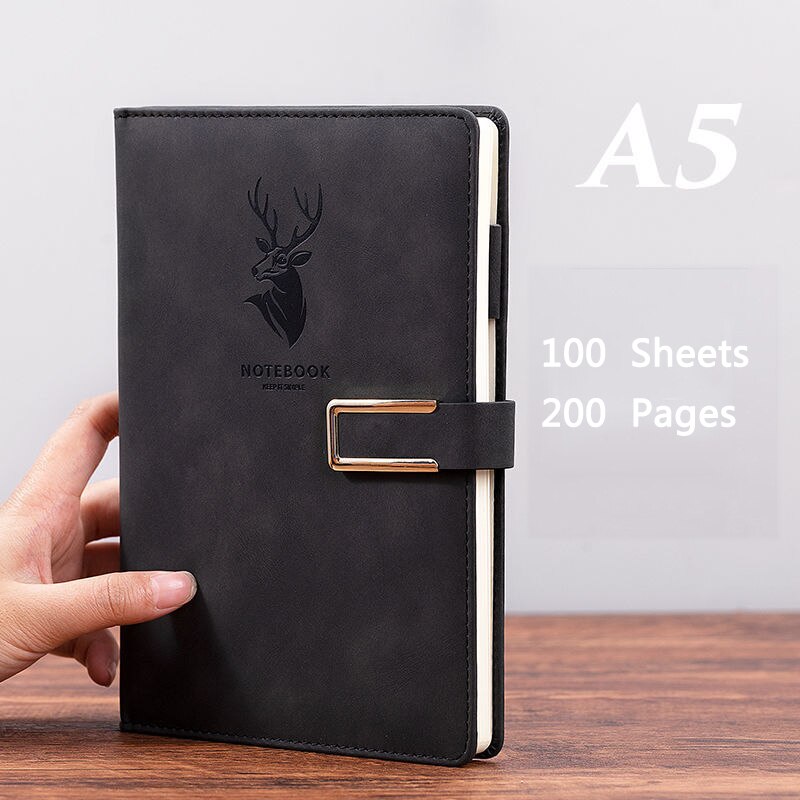 200 Pages A5 Notebook Business Office Work Planner Leather Notepad School Office Stationery: Black
