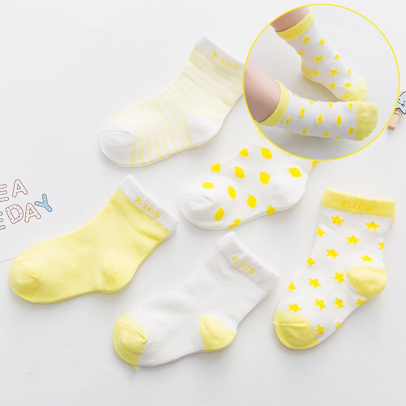 5pairs/lot Baby Cotton Socks Star Moon Print Newborn Socks Set for Girls Boys Summer Mesh Soft Toddler Socks for 0-1 Years: yellow