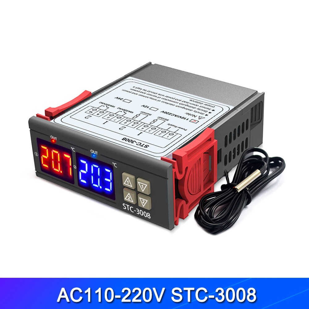 Dual Digital Temperature Controller Two Relay Output Thermostat Thermoregulator 10A Heating Cooling STC-3008 12V 24V 220V: AC110V-220V