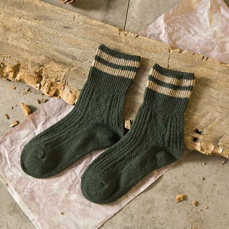 Vinter uldstrømper tykkere varme strikkede stribede damestrømper kvindelige korte sokker bomuld ankelsok calcetines: Grøn