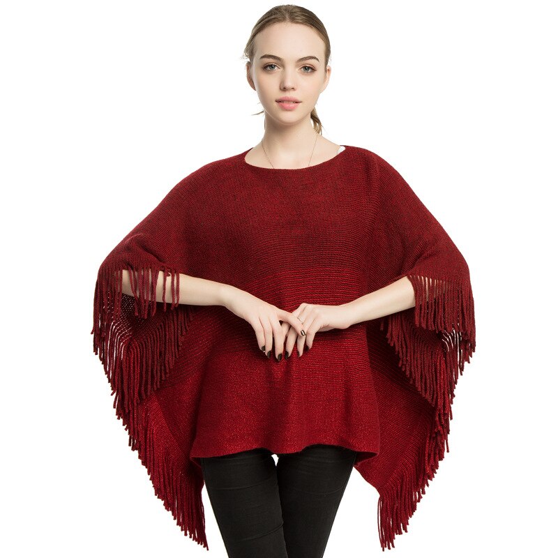 Omea kvinder poncho strikket med gylden silketråd vinter pullover båd hals poncho med kvast patchwork cape kvinder sjal: Rød