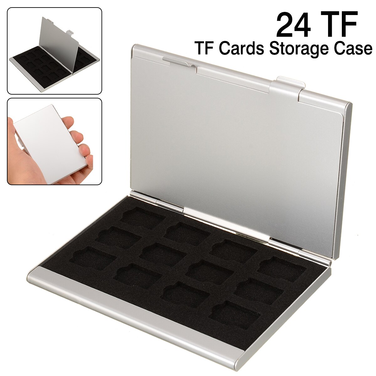 1pc 24 EVA Spomge Slots TF Cards Storage Box Silver Aluminum Alloy Memory Card Case Shell