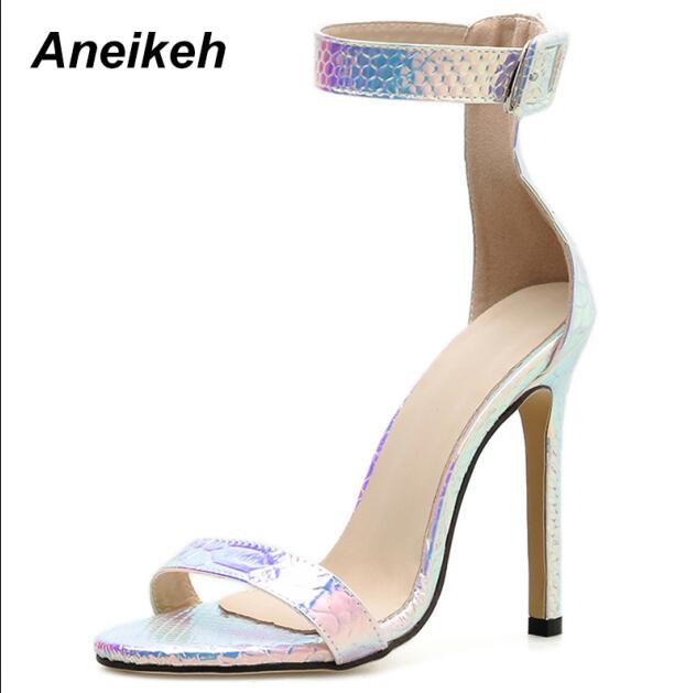 Aneikeh PU Women Shoes Thin High Heels Sandals Ankle Buckle Strap Sandals Pumps Party Dress Silver Blue Size 35-40: Silver / 9