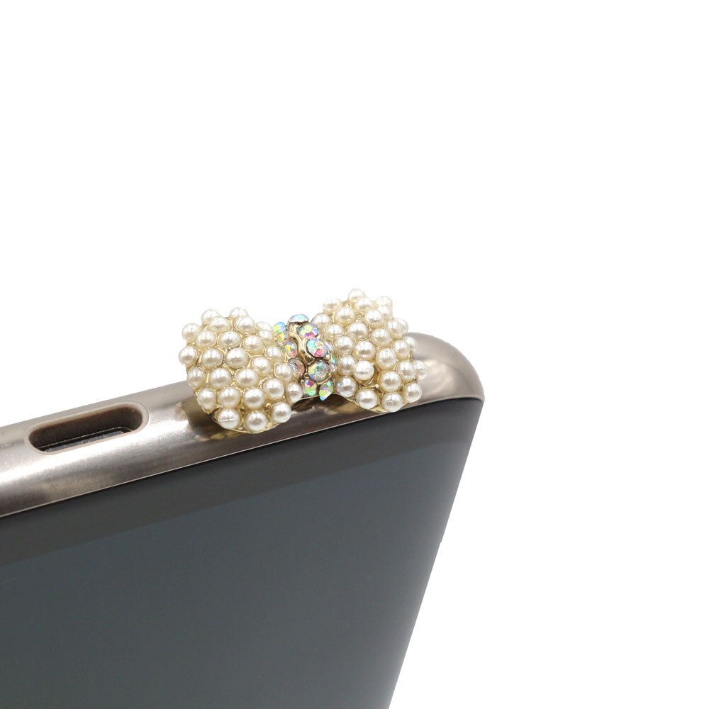 Elegance Style Small Pearl With Diamond Bow Mobile Phone Ear Cap Dust Plug For Iphone Samsung 3.5mmDustPlug