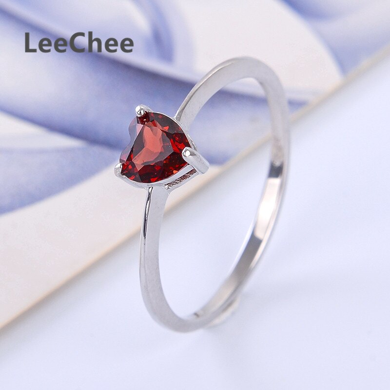 LeeChee 100% Natürliche Granat Ring 925 Sterling Silber Weinrot Edelstein FineJewelry für Frauen 0,5 ct Birthstone Herz-Förmigen