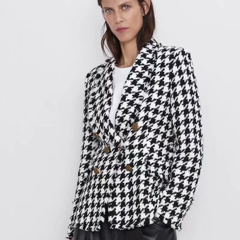 Rr dobbeltradede blazere kvinder houndstooth casual jakker kvinder langærmede jakkesæt kvindelige damer ht: S