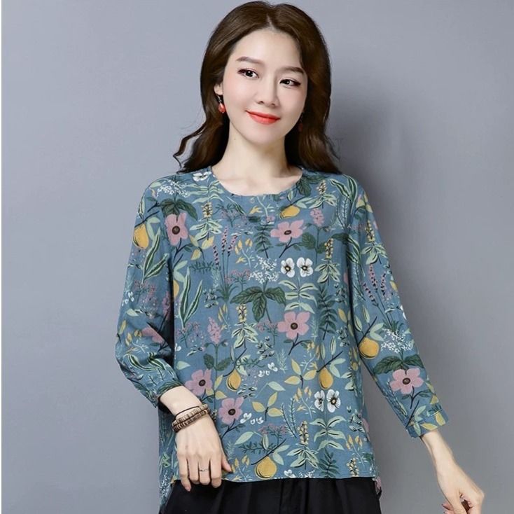 Katoen Linnen Shirt Plus Size Vrouwen Kleding Lange Mouw Top Bloemen Vintage Blouse Dames Casual Vrouwelijke