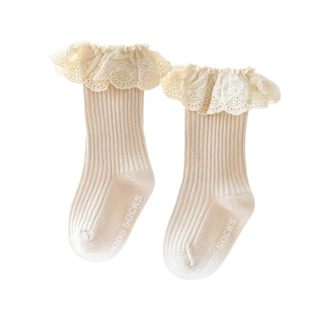 Calcetines de encaje de princesa para bebé y niña, medias de punto acanalado de Color sólido antideslizantes de tubo medio, calcetines de chico puños dados vuelta con volantes para el suelo: Blanco / M 1-3Year