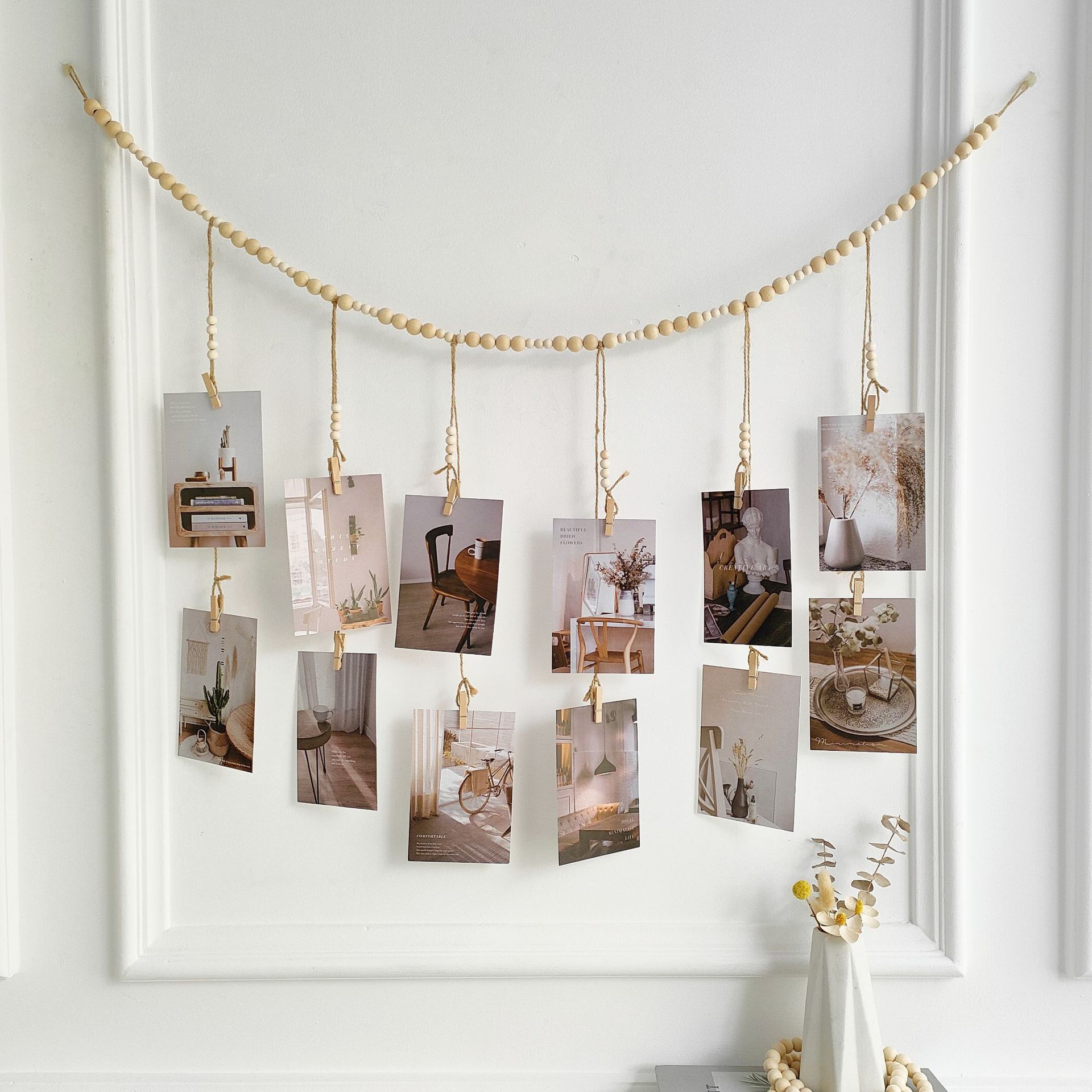 22 Clips para colgar fotos, guirnalda de cuentas de madera bohemia, colgante de pared para dormitorio, sala de estar, dormitorio, decoración de , para adolescentes y niñas: Verde claro