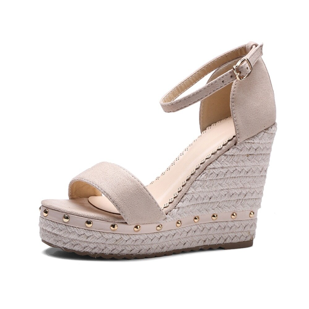MORAZORA wedges sandals women rivets platform footwear buckle strap wedge high heels woman sandals ladies shoes: Beige / 4