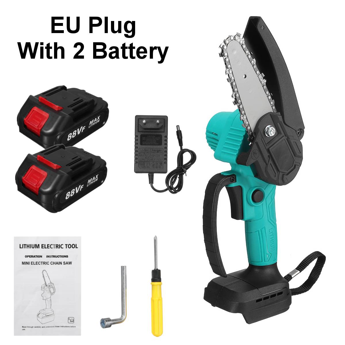 1500W 4 Inch 88VF Mini Electric Chain Saw With Battery Indicator Rechargeable Woodworking Tool For Makita 18V Battery EU Plug: Green 2 battery
