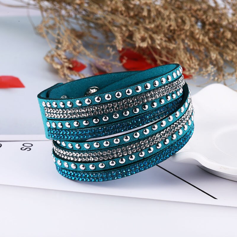 HOCOLE-Pulseras de cuero con abalorios de cristal para mujer, pulsera de diamantes de imitación multicapa, joyería femenina, de boda: Peacock Blue