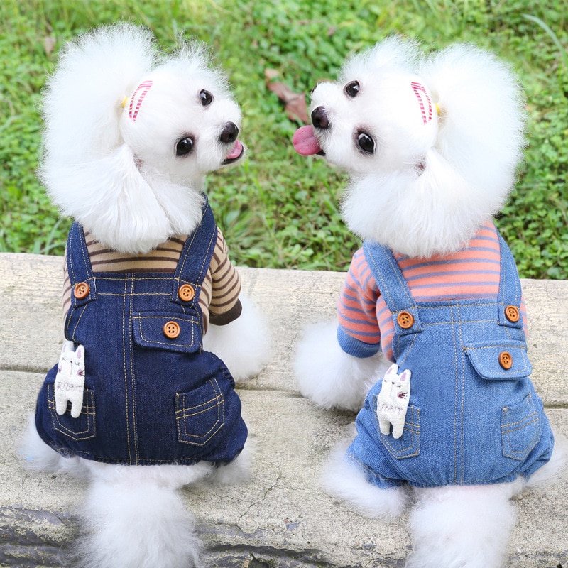 Høst og vinter nyeste stil hundeklær stripete fleece denim overalls dobbeltlags firbens tykk hunde-overall overall