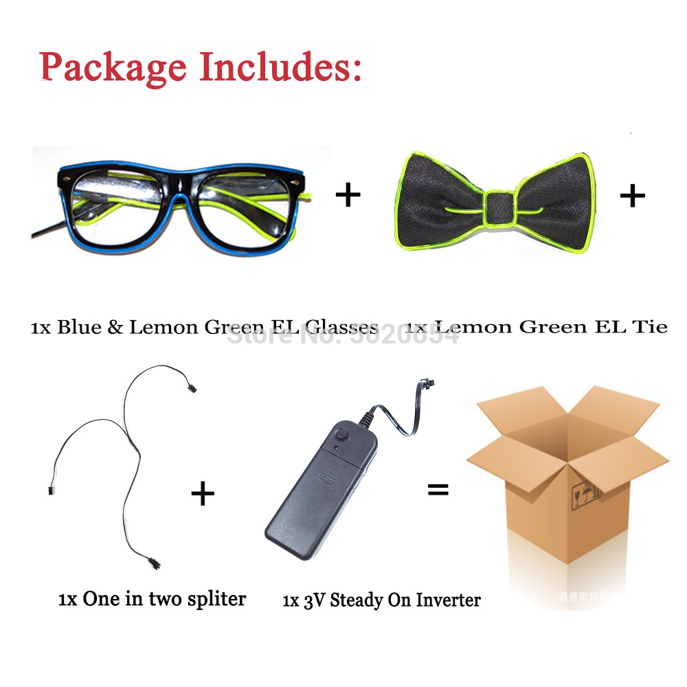 Juego de pajarita brillante con gafas EL combinadas de colores dobles para iluminar los lazos de los hombres gafas de sol luminosas Led brillantes para Halloween: Color-E
