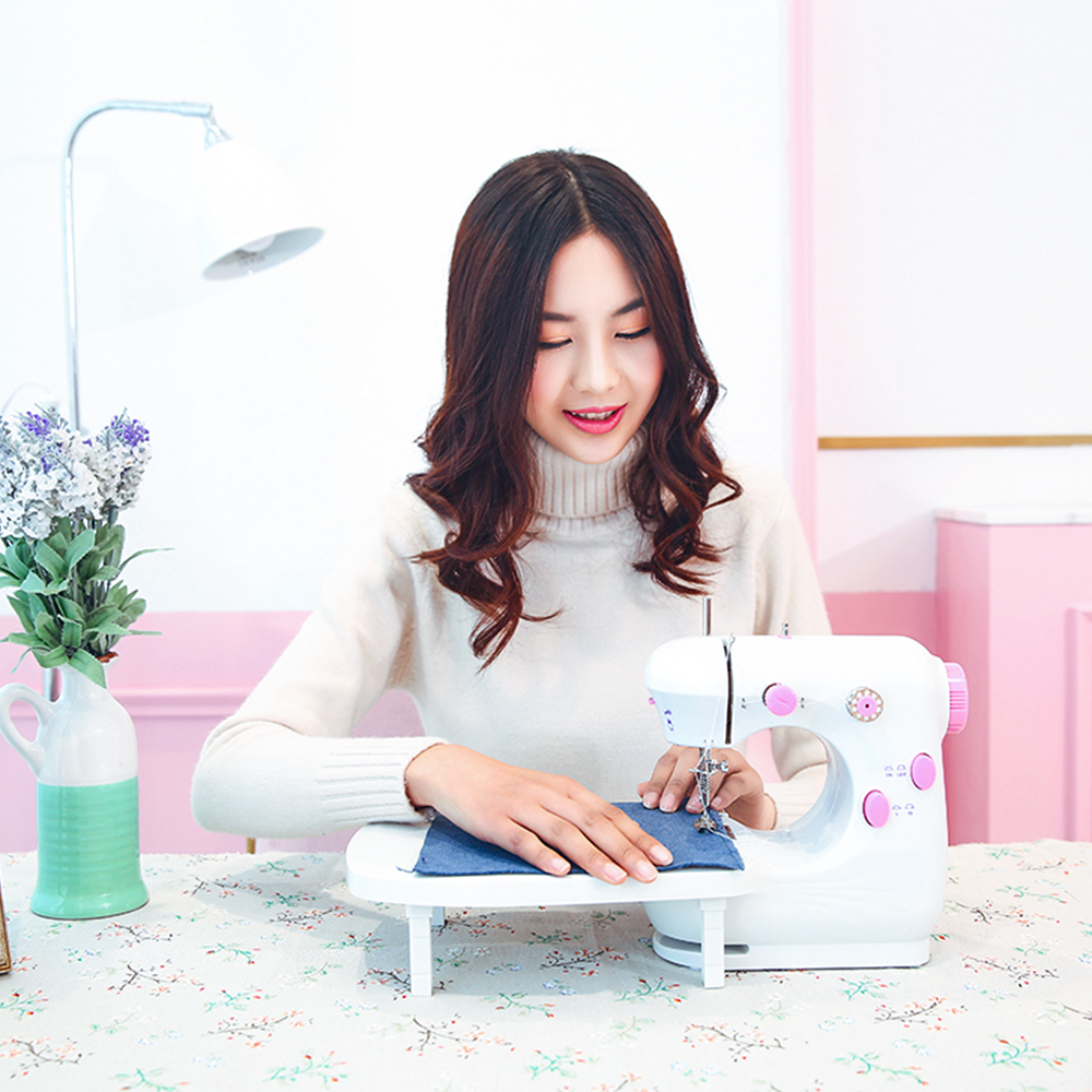 Sewing Machine Portable Household Mini Sew With Foot Pedal Night Light Double Thread Pink Colour For Tailor Table