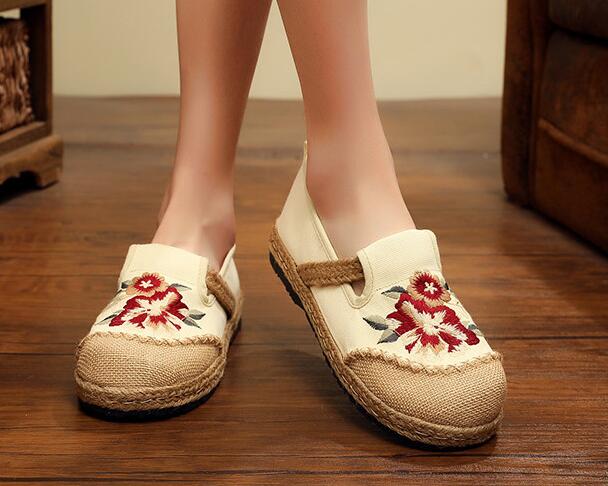 Vegan Handmade Women Linen Cotton Loafers Espadrilles Flower Embroidered Ladies Casual Flat Platform Sneakers Shoes: Beige / 4